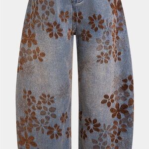 Wide-Leg Floral Embroidered Women’s Jeans - Blue/Brown